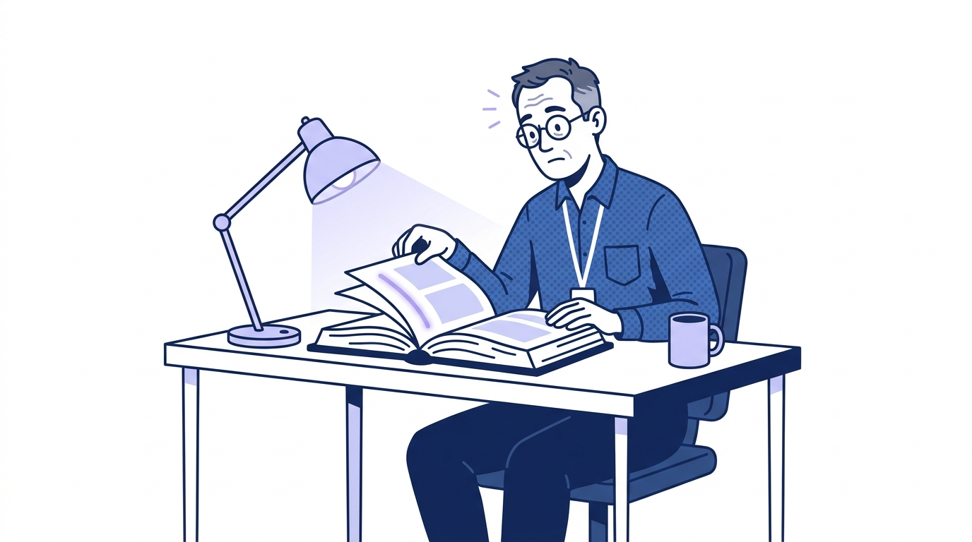 Cartoon of a weary engineer at his desk lifting a page to turn it, one eye caught by a glowing line in the standard