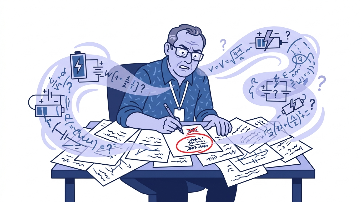 Cartoon of the engineer buried in handwritten sheets, confused, a red circled mistake on one page