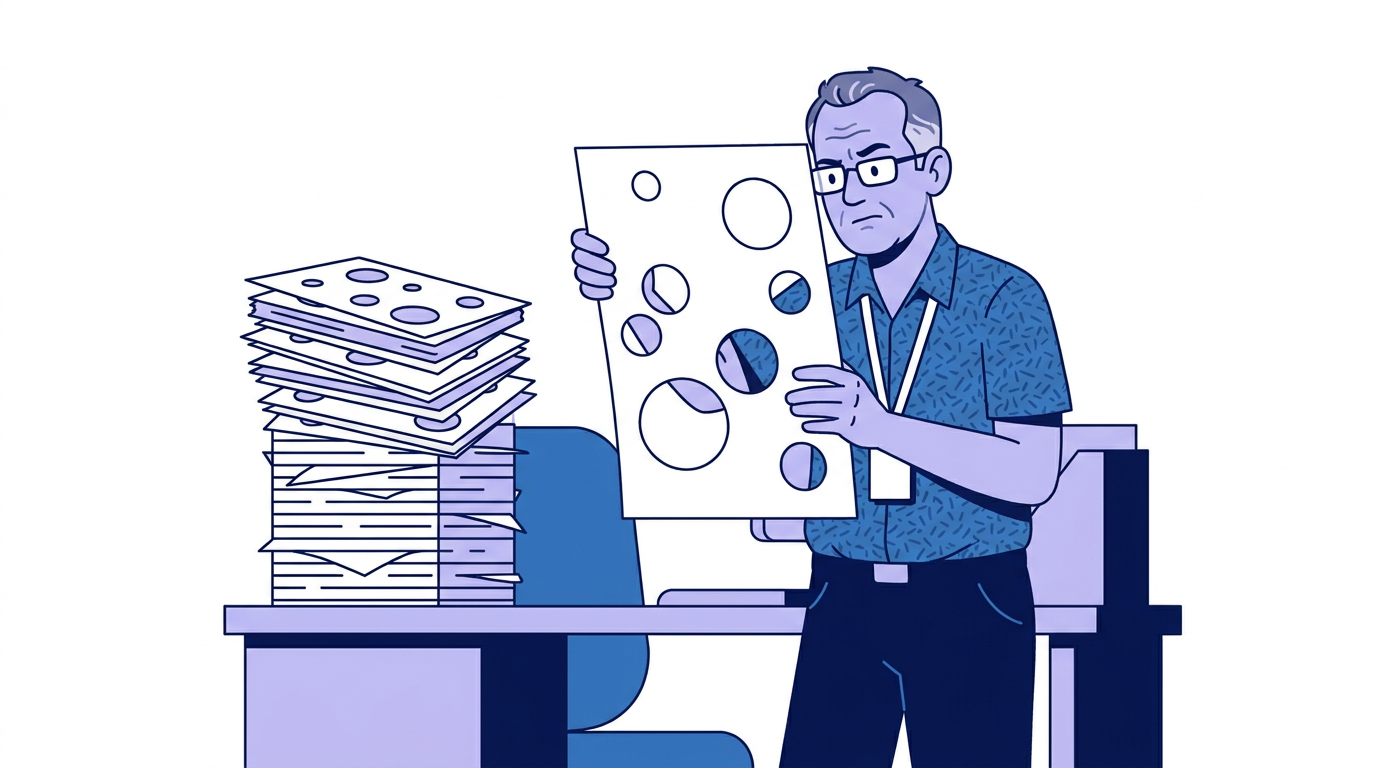 Cartoon of the engineer peering through a manufacturer datasheet full of holes, a stack of similar holey sheets beside him
