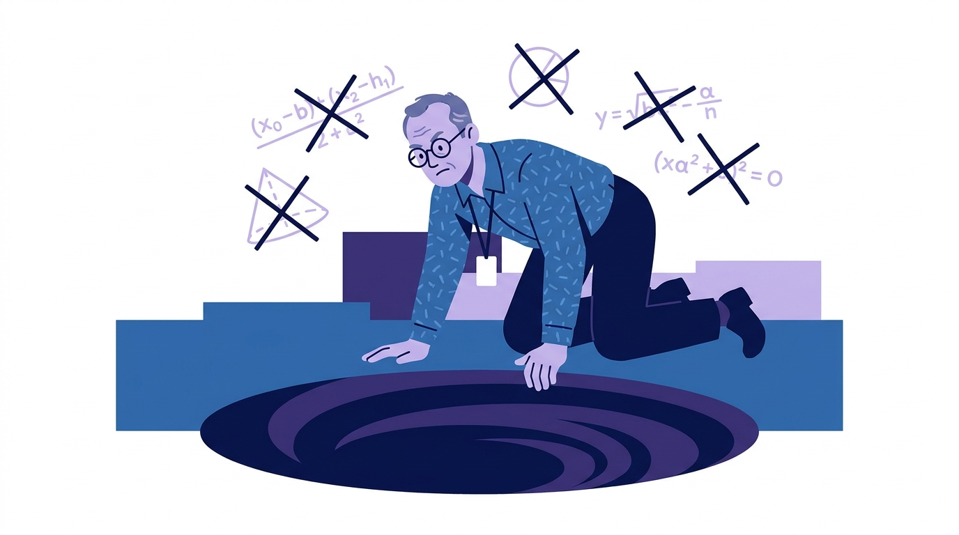 Cartoon of the engineer on hands and knees peering into a rabbit hole, wrong formulas crossed out around his head