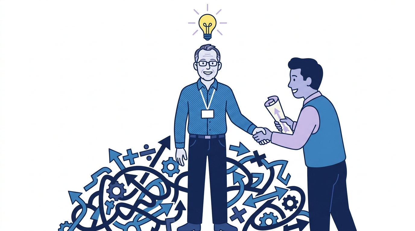 Cartoon of the engineer, lightbulb above his head, shaking hands with a helper who hands him a clear map out of the maze of formulas
