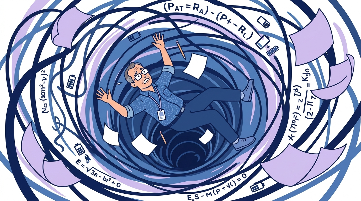 Cartoon of an engineer at a desk sliding down a rabbit hole of tangled battery formulas, growing more exasperated at each turn