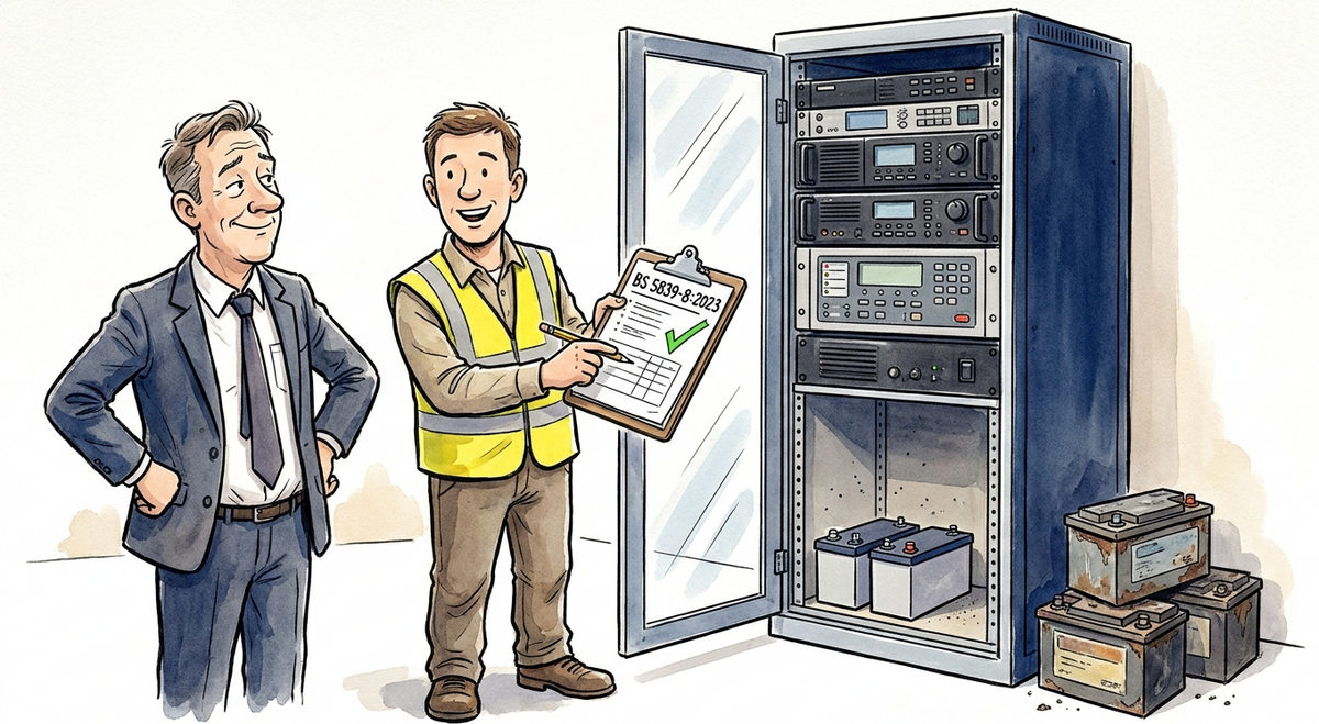 Cartoon of the facilities manager smiling beside a technician who has just fitted two smaller batteries in the rack, clipboard calculation ticked to BS 5839-8:2023