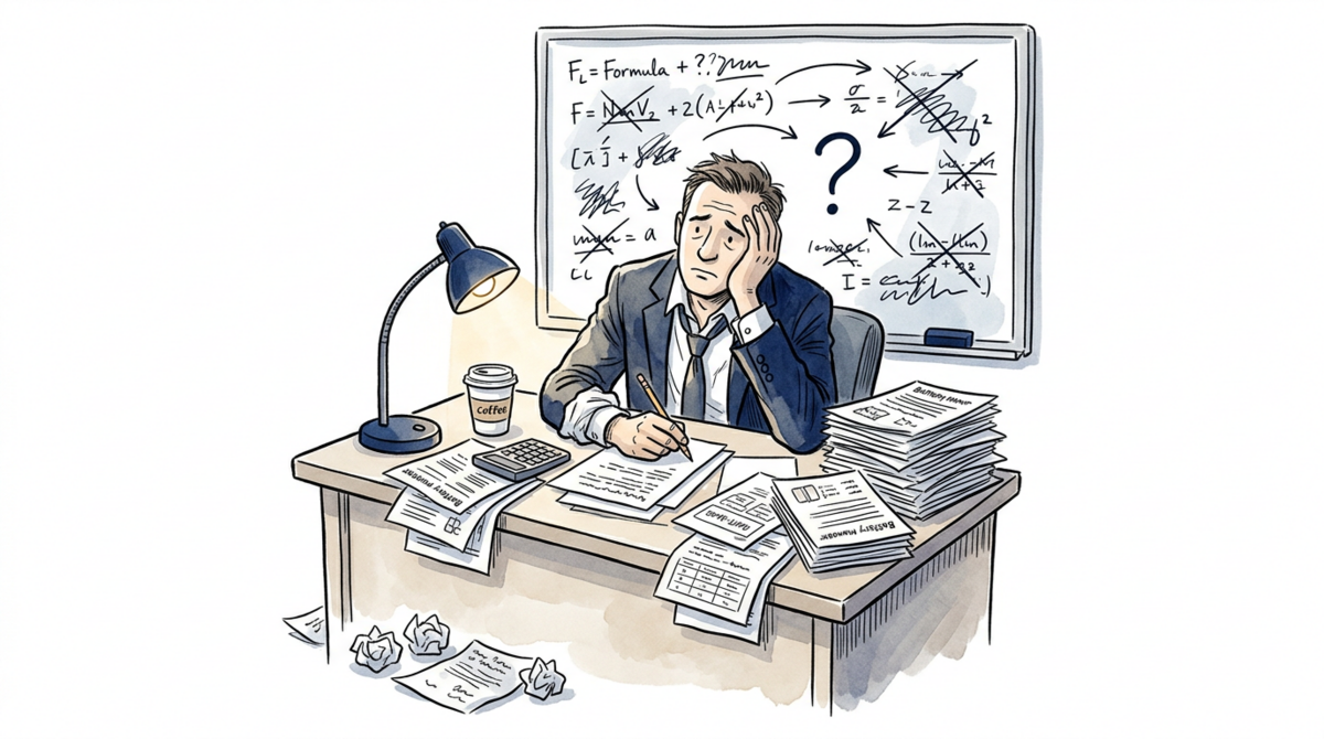 Cartoon of the same facilities manager at a desk at night, buried in datasheets and crumpled paper, in front of a whiteboard of crossed-out formulas