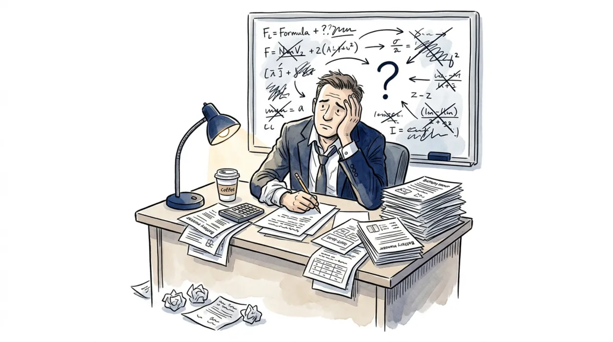 Cartoon of the same facilities manager at a desk at night, buried in datasheets and crumpled paper, in front of a whiteboard of crossed-out formulas