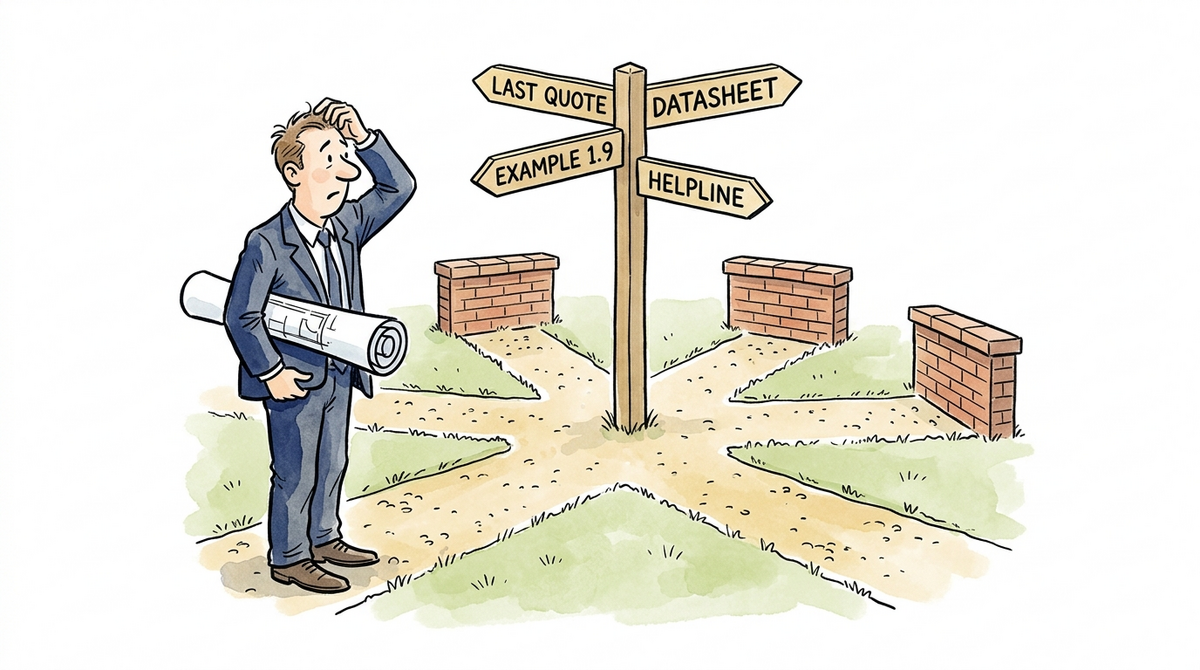 Cartoon of a facilities manager at a signpost where four paths, marked Last Quote, Example 1.9, Datasheet and Helpline, each end at a brick wall