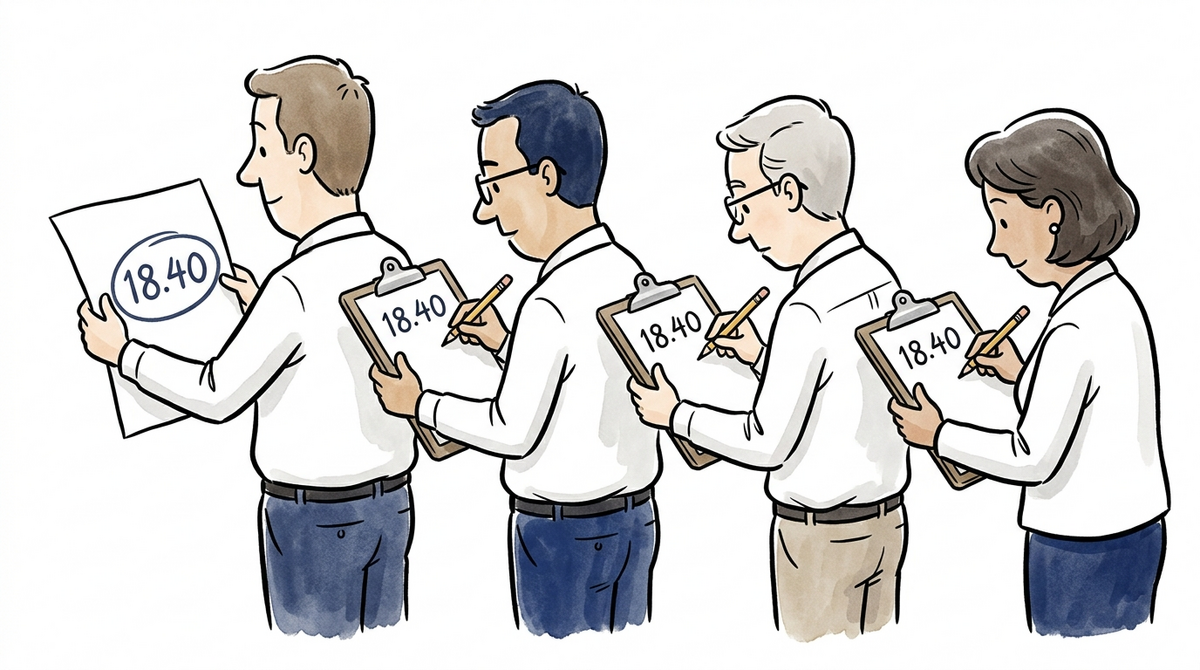 Cartoon of four office workers in a line, each copying the figure 18.40 from the sheet held by the person in front