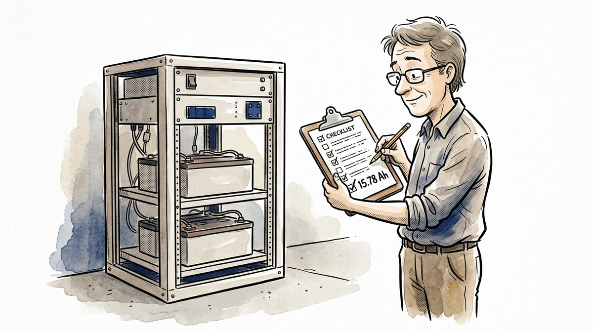 Cartoon of a technician beside a battery rack, checking a calculation on a clipboard against the equipment