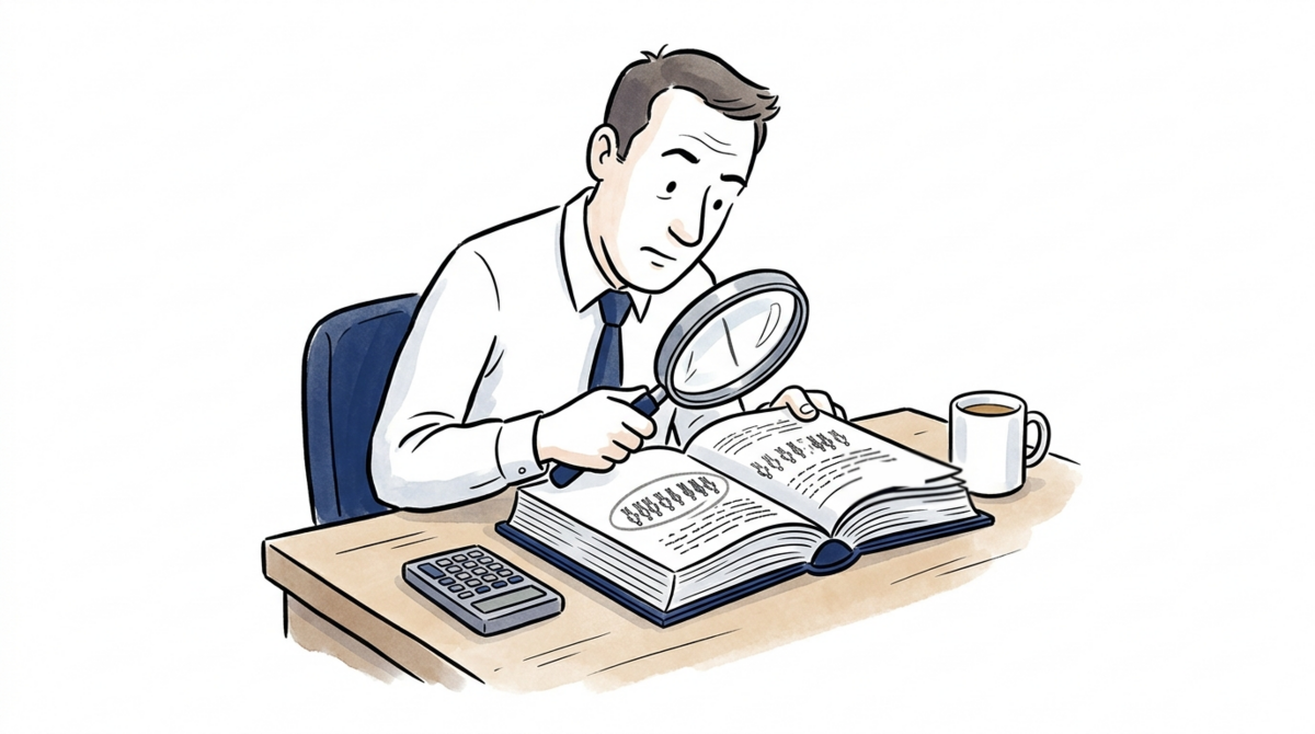Cartoon of a technician at a desk peering through a magnifying glass at an open reference book, a calculator and mug beside him