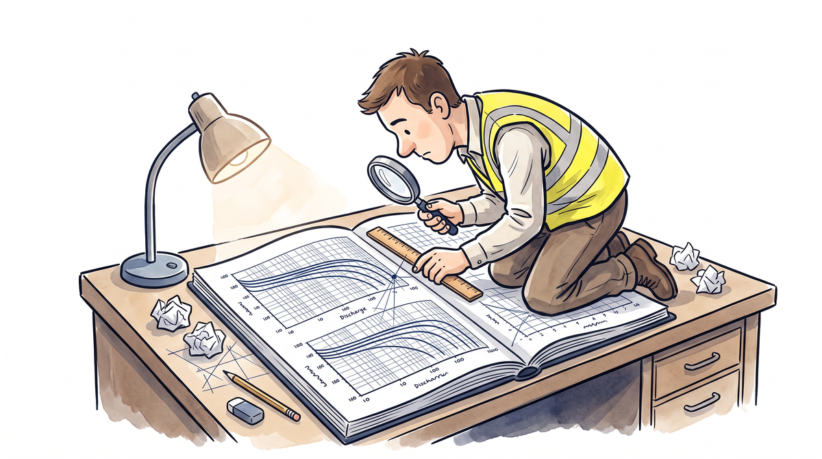 Cartoon: the same technician kneels on his desk with a magnifying glass and a ruler, trying to read one value off a tiny log-log discharge curve on a datasheet, surrounded by pencil marks and crossed-out estimates.