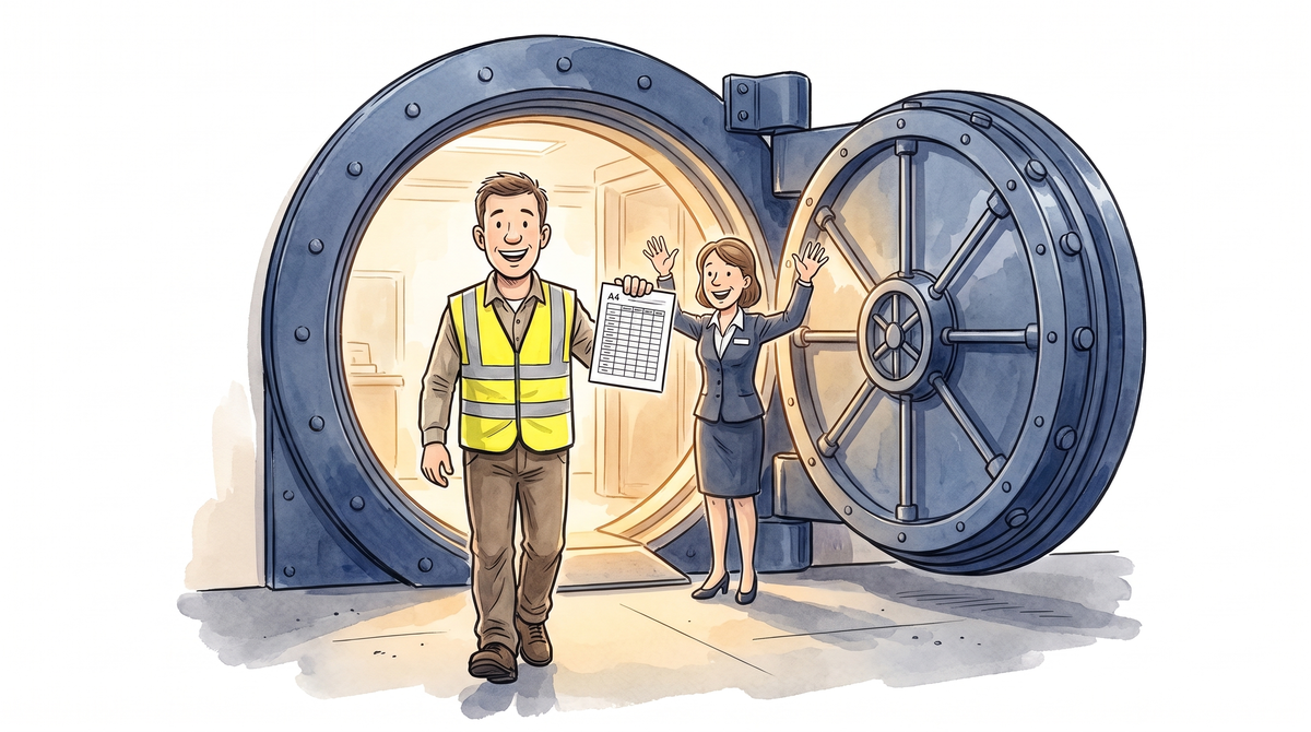Cartoon: the vault door stands open at last and the technician walks out smiling, holding a single sheet of paper printed with one small neat table, light streaming through the doorway behind him.