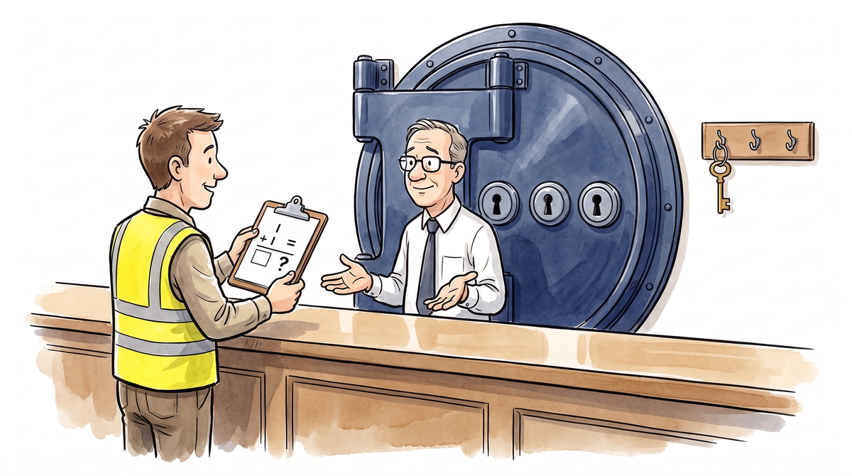 Warm flat-colour editorial cartoon in muted blues and cream: a dark-haired technician in a high-vis vest stands at a bank vault counter holding a clipboard with a battery calculation that has one input box empty; behind the clerk looms a huge round vault door with three keyholes, and only one key hangs on the hooks.