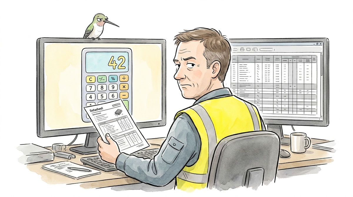 Warm ink-and-watercolour cartoon on white: the same technician at a desk between two screens, one showing a cheerful online battery calculator with a big confident number, the other showing a dense manufacturer discharge table. He is holding a printed datasheet up to the light and raising one eyebrow at the calculator. The series' recurring hummingbird is perched on the top of that monitor, looking down at the same number with exactly the same expression.
