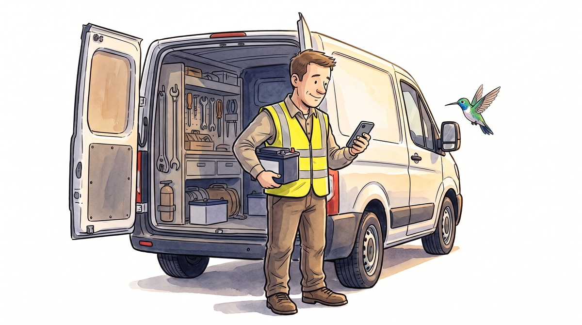 Warm ink-and-watercolour cartoon on white: the technician at the open back doors of his van at dusk, checking a figure on his phone with a battery under his arm, while the series' recurring hummingbird hovers by the wing mirror watching him.