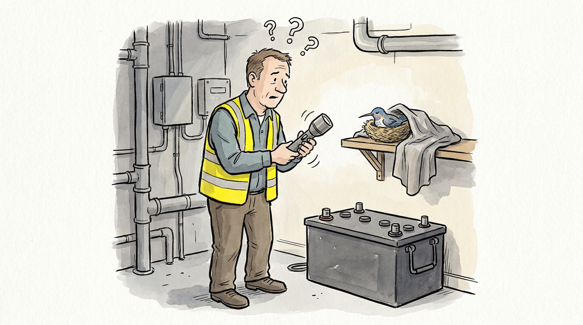 Warm ink-and-watercolour cartoon: the recurring technician, short brown hair, yellow high-vis vest over a grey-blue shirt and brown trousers, stands in a dim plant room shaking a torch that has just gone out, question marks over his head. On a wooden shelf beside him a tiny hummingbird sleeps in a nest under a folded dust sheet. On the floor sits a large industrial standby battery block with carrying handles at each end, plainly a two-person lift rather than something you pick up in one hand.