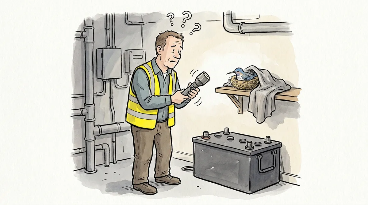 Warm ink-and-watercolour cartoon: the recurring technician, short brown hair, yellow high-vis vest over a grey-blue shirt and brown trousers, stands in a dim plant room shaking a torch that has just gone out, question marks over his head. On a wooden shelf beside him a tiny hummingbird sleeps in a nest under a folded dust sheet. On the floor sits a large industrial standby battery block with carrying handles at each end, plainly a two-person lift rather than something you pick up in one hand.