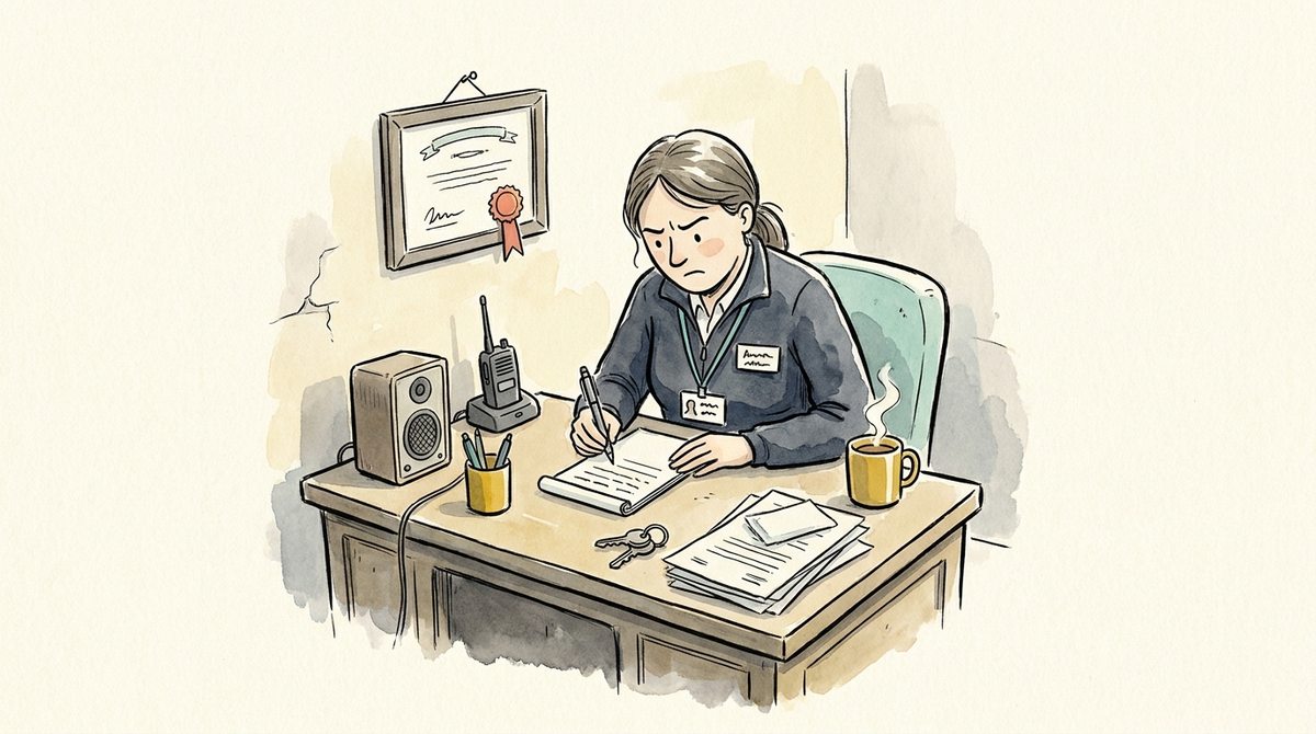 Warm ink-and-watercolour cartoon: the same duty manager at her office desk, frowning in concentration as she writes on a lined pad, a small speaker and a radio beside her, and a framed certificate hanging slightly crooked on the wall behind.