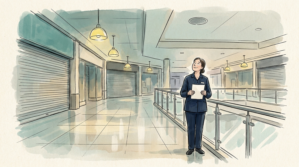 Warm ink-and-watercolour cartoon: the duty manager alone in the closed mall at the end of the day, holding a single sheet of paper and looking up at a round ceiling loudspeaker grille with interest rather than worry.