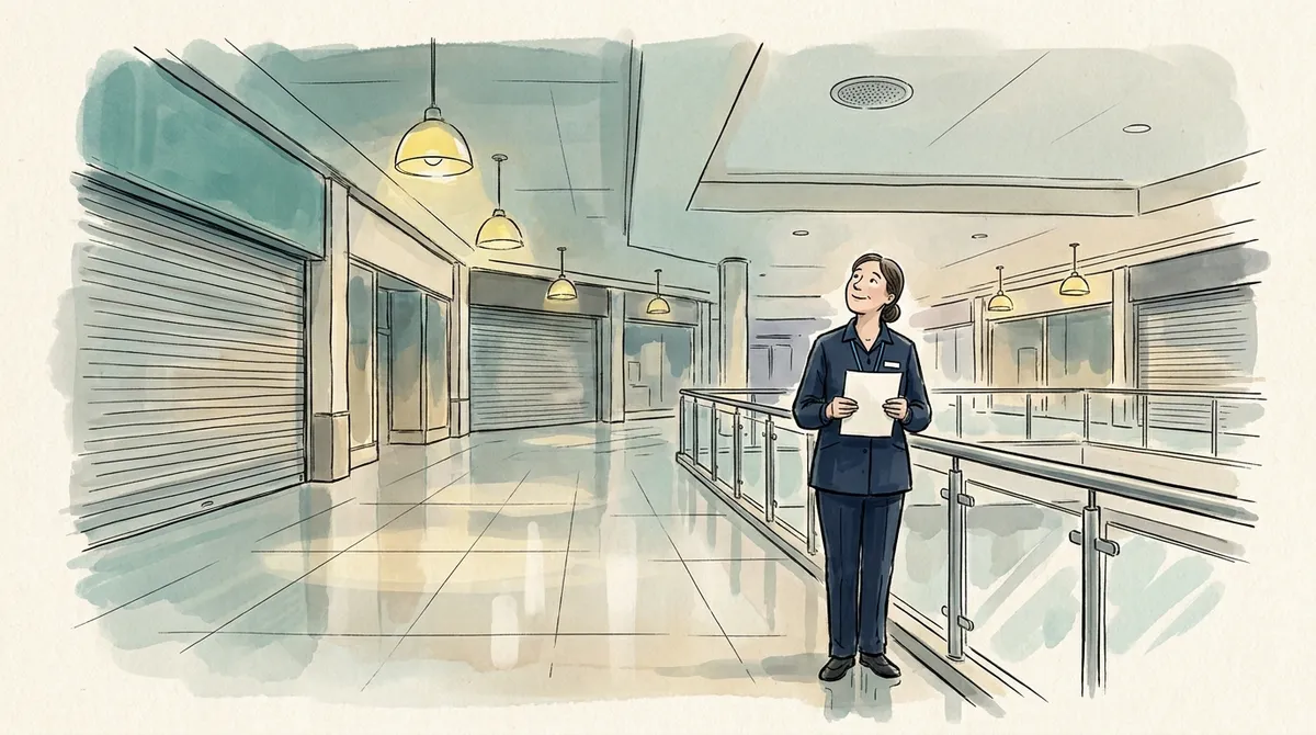 Warm ink-and-watercolour cartoon: the duty manager alone in the closed mall at the end of the day, holding a single sheet of paper and looking up at a round ceiling loudspeaker grille with interest rather than worry.