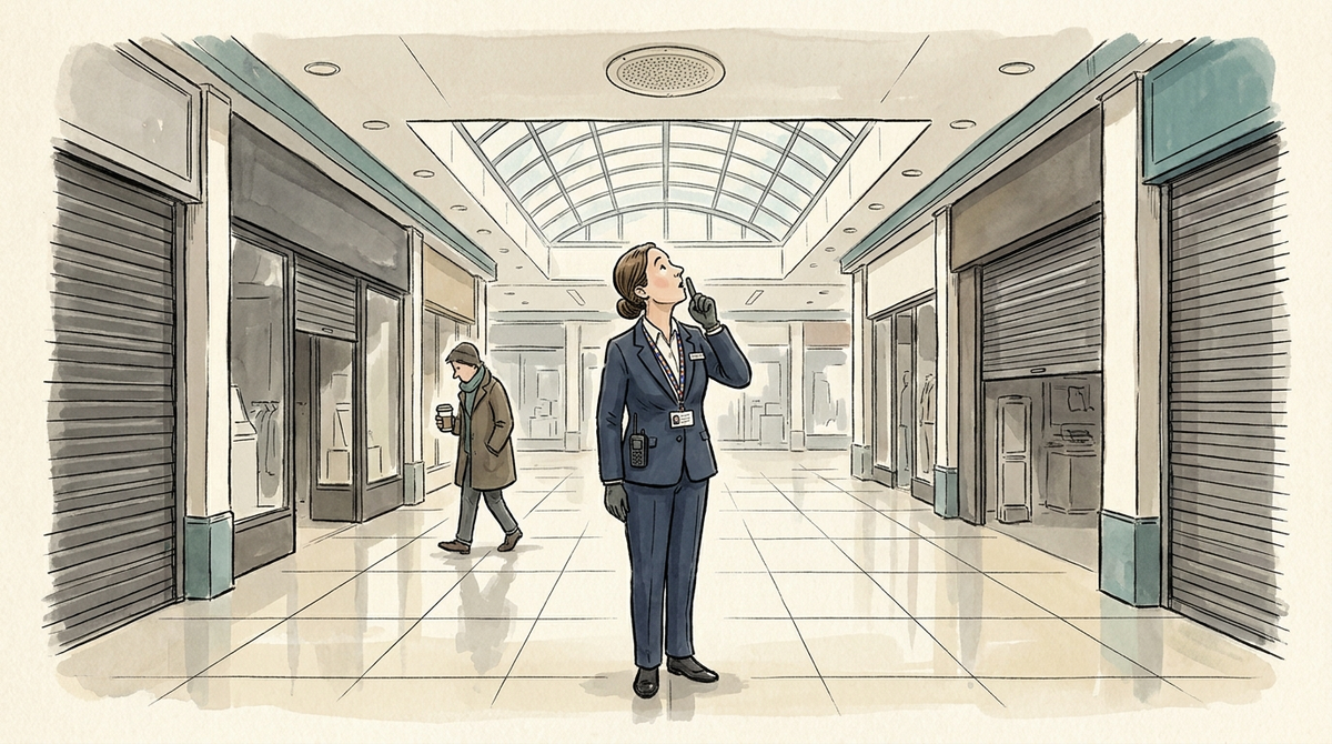 Warm ink-and-watercolour cartoon: a shopping centre duty manager stands alone in a quiet mall before opening, shutters down on the shopfronts, one finger raised, head tilted up towards a round ceiling loudspeaker grille. A shopper with a coffee walks past behind her without looking up at all.