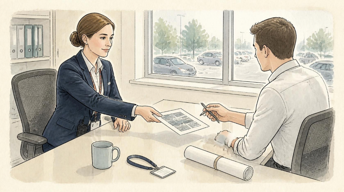 Warm ink-and-watercolour cartoon on cream paper: two people at an office desk. One slides a printed article across to the other, who is already reaching for a pen. A mug, a lanyard and a rolled-up site plan sit on the desk; a window behind shows a car park.