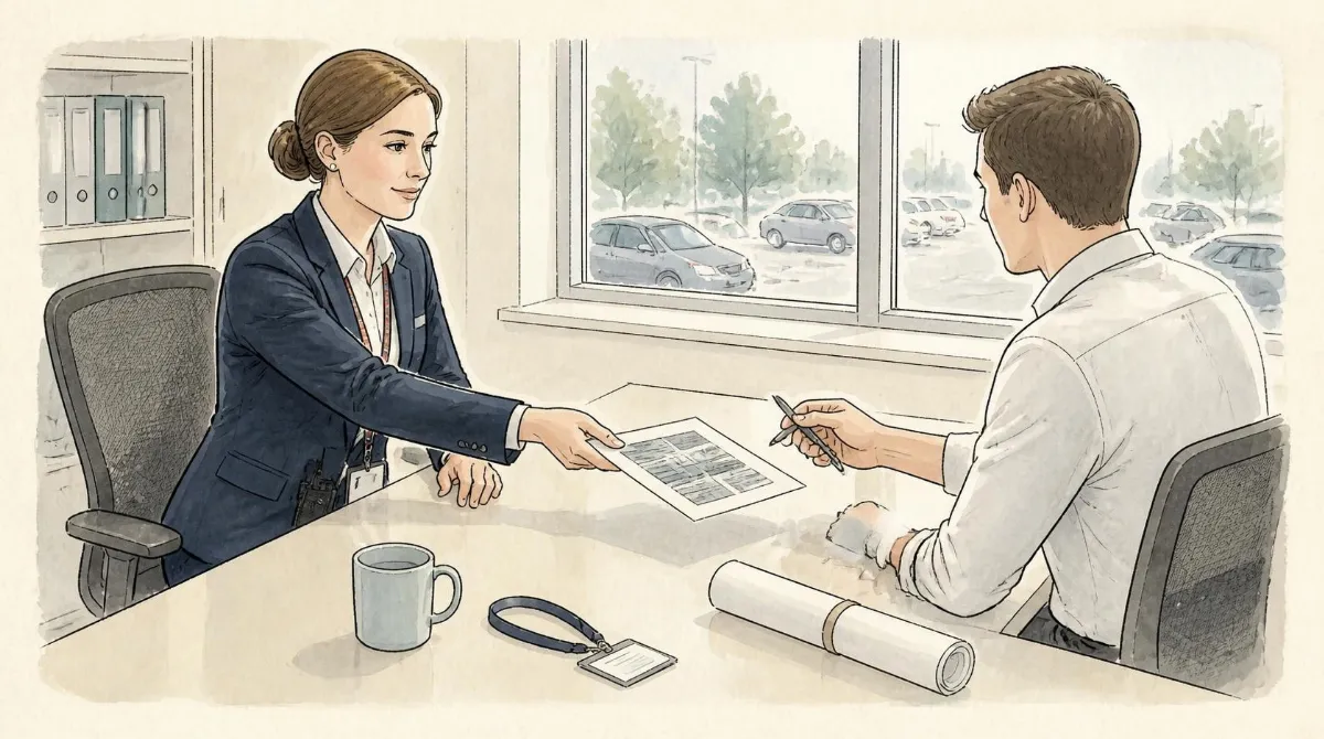 Warm ink-and-watercolour cartoon on cream paper: two people at an office desk. One slides a printed article across to the other, who is already reaching for a pen. A mug, a lanyard and a rolled-up site plan sit on the desk; a window behind shows a car park.