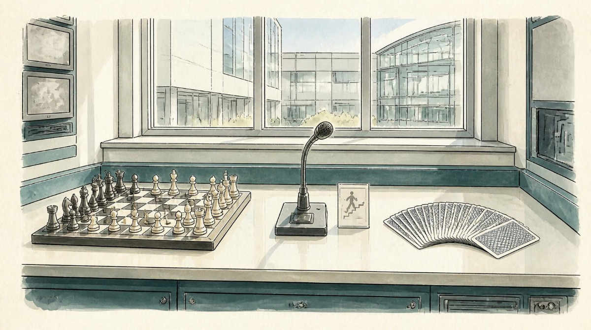 Warm ink-and-watercolour cartoon on cream paper: a control room desk by a window in daylight. On the left, a chess board mid-game with every piece standing in plain view. On the right, a fan of playing cards lying face down. Between them, an emergency microphone on a short gooseneck, with a small pictogram card propped beside it.