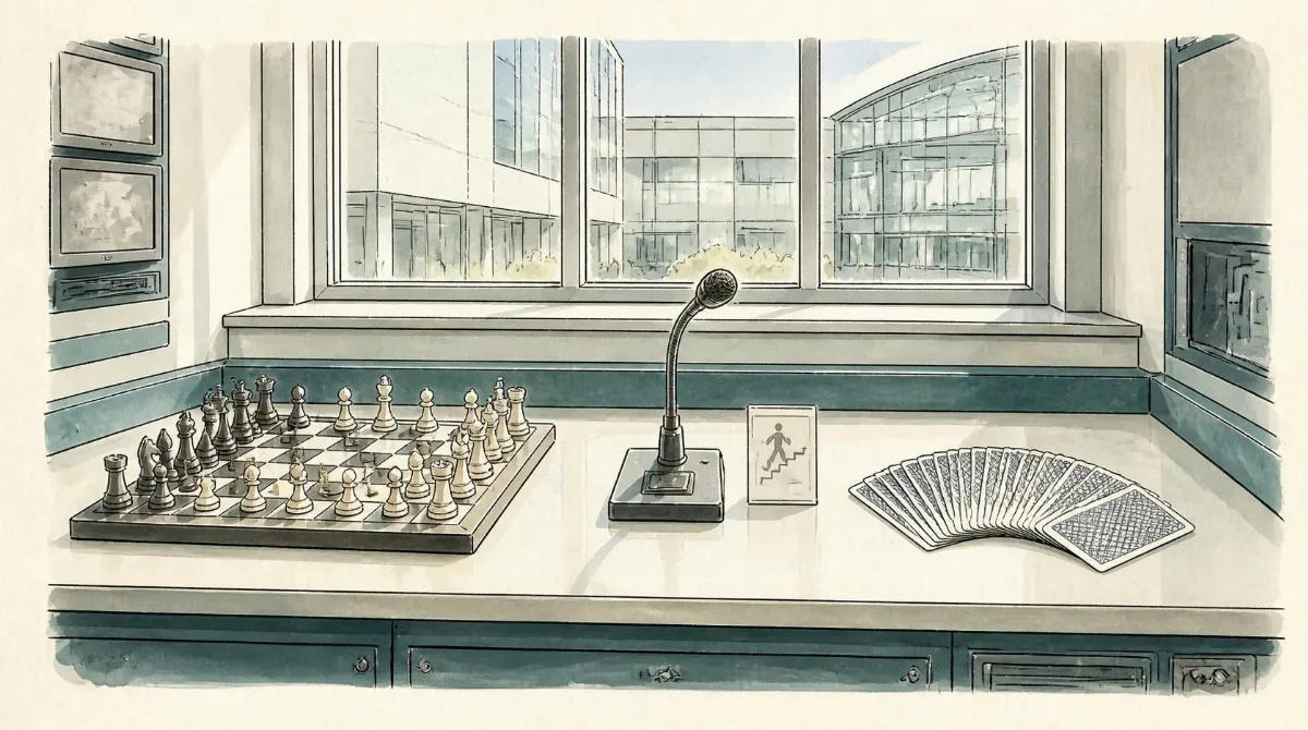 Warm ink-and-watercolour cartoon on cream paper: a control room desk by a window in daylight. On the left, a chess board mid-game with every piece standing in plain view. On the right, a fan of playing cards lying face down. Between them, an emergency microphone on a short gooseneck, with a small pictogram card propped beside it.