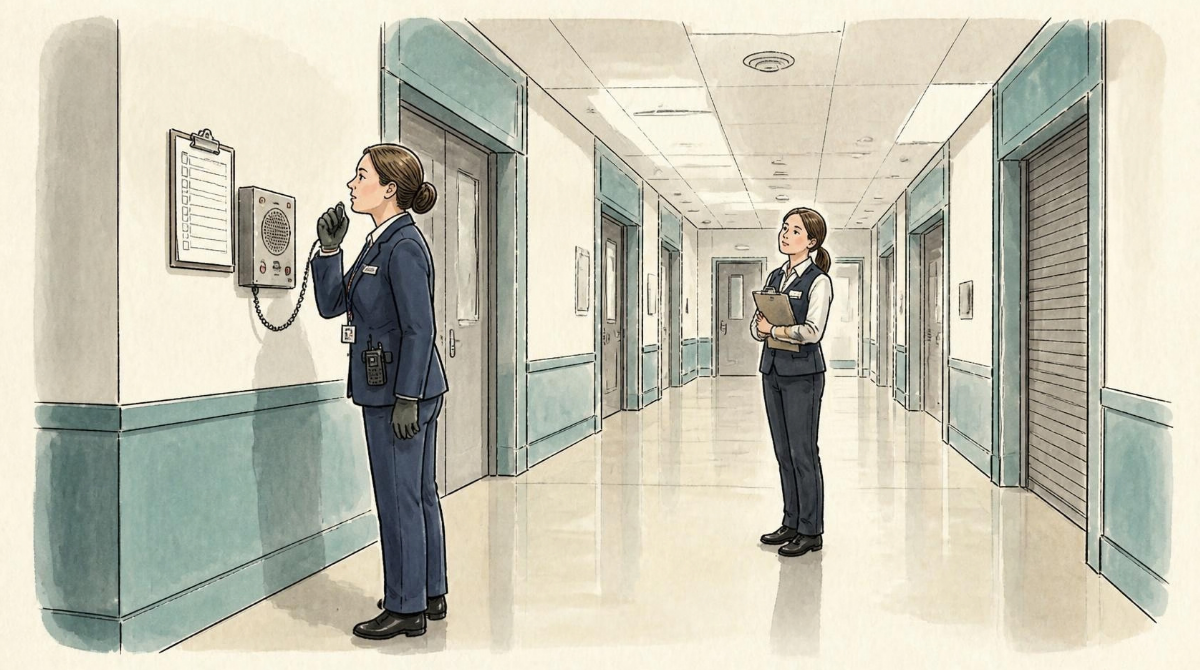 Warm ink-and-watercolour cartoon on cream paper: a duty manager in a quiet back-of-house corridor speaking into the handset of a wall-mounted emergency microphone panel, with a laminated script clipped to the wall beside it. A colleague stands further along the corridor with a clipboard, listening.